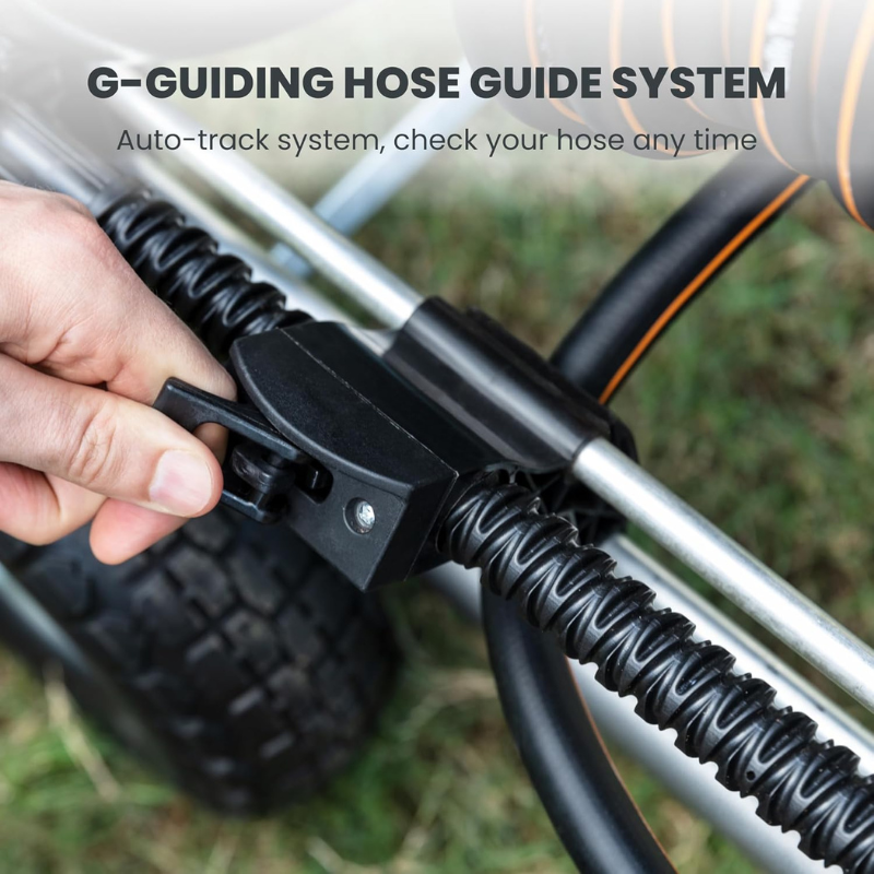 Heavy-duty Giraffe Tools US garden hose reel cart with four wheels and manual crank for easy hose storage and transport.