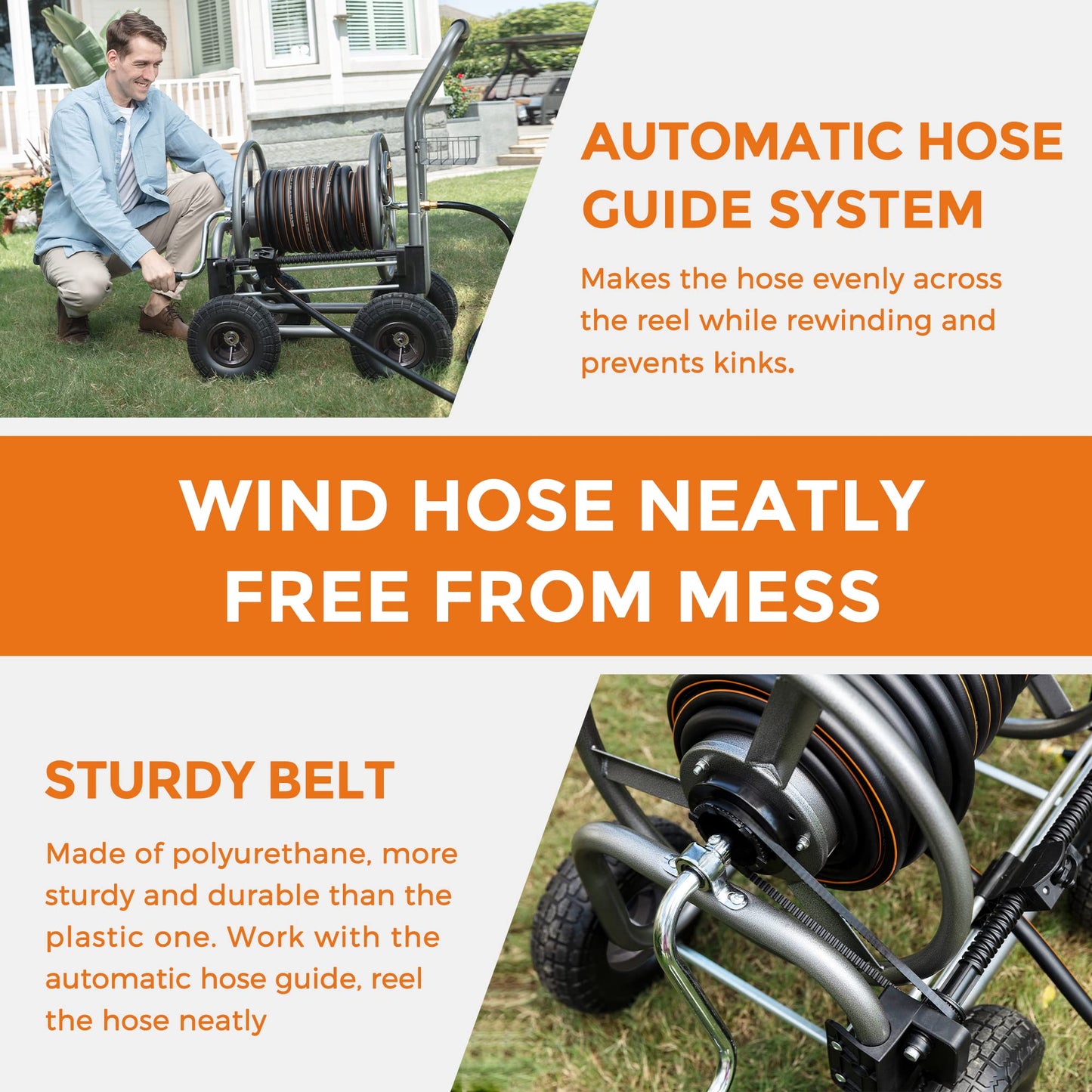 Heavy-duty Giraffe Tools US garden hose reel cart with four wheels and manual crank for easy hose storage and transport.