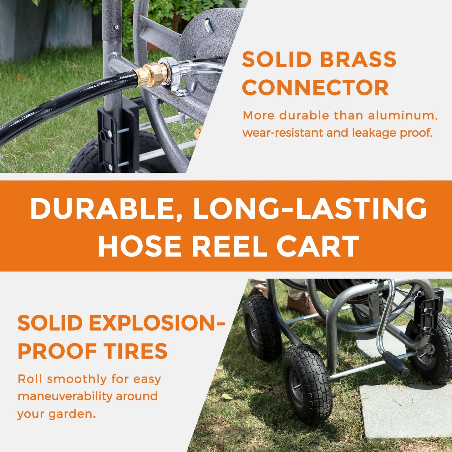 Heavy-duty Giraffe Tools US manual crank garden hose reel cart with four wheels, ideal for easy garden hose storage and transport.