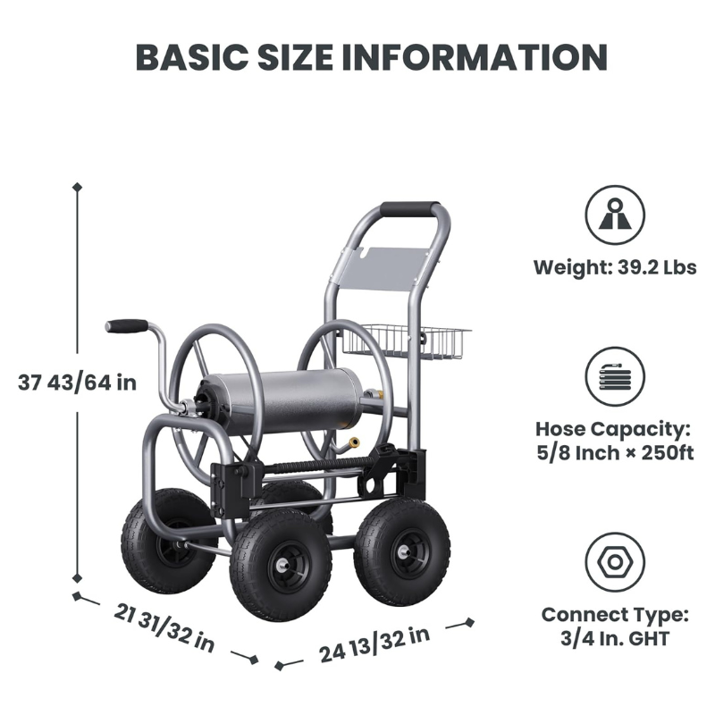 Giraffe Tools US heavy-duty manual crank garden hose reel cart with four wheels for easy garden hose storage and transport.