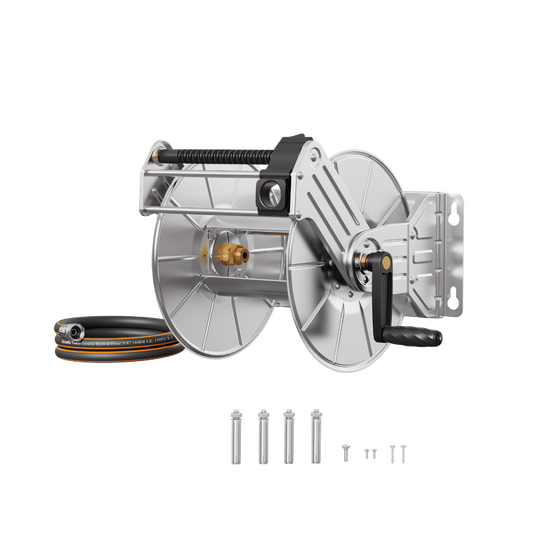 Wall-mounted stainless steel garden hose reel with manual crank, heavy-duty design by Giraffe Tools US.