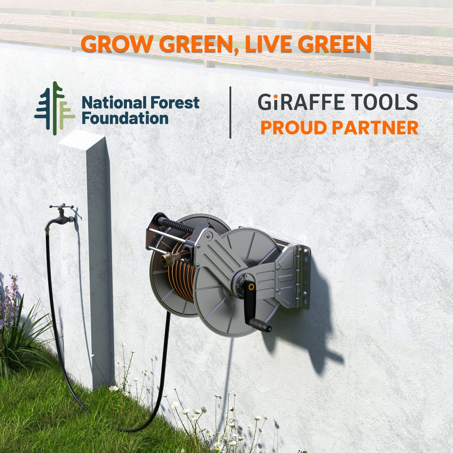 Wall-mounted stainless steel heavy-duty garden hose reel with manual crank by Giraffe Tools US, showcasing durable construction and compact design.