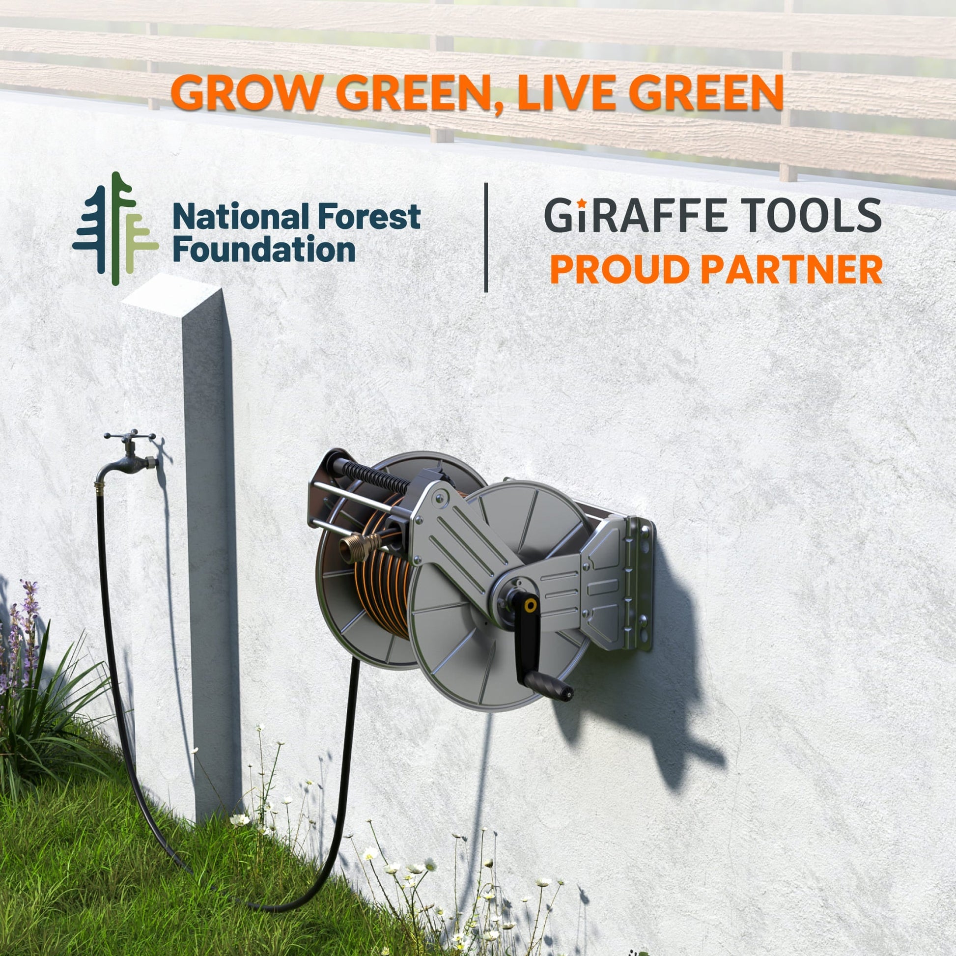 Wall-mounted stainless steel heavy-duty garden hose reel with manual crank by Giraffe Tools US, showcasing durable construction and compact design.