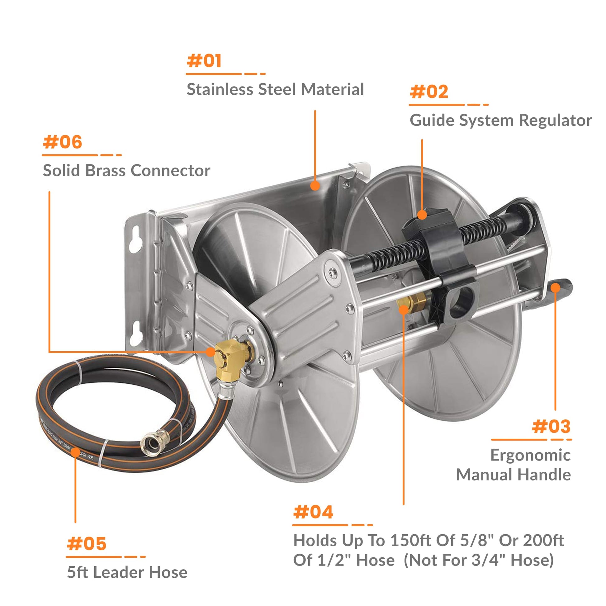 Wall-mounted stainless steel manual crank garden hose reel by Giraffe Tools US, heavy-duty outdoor hose storage.