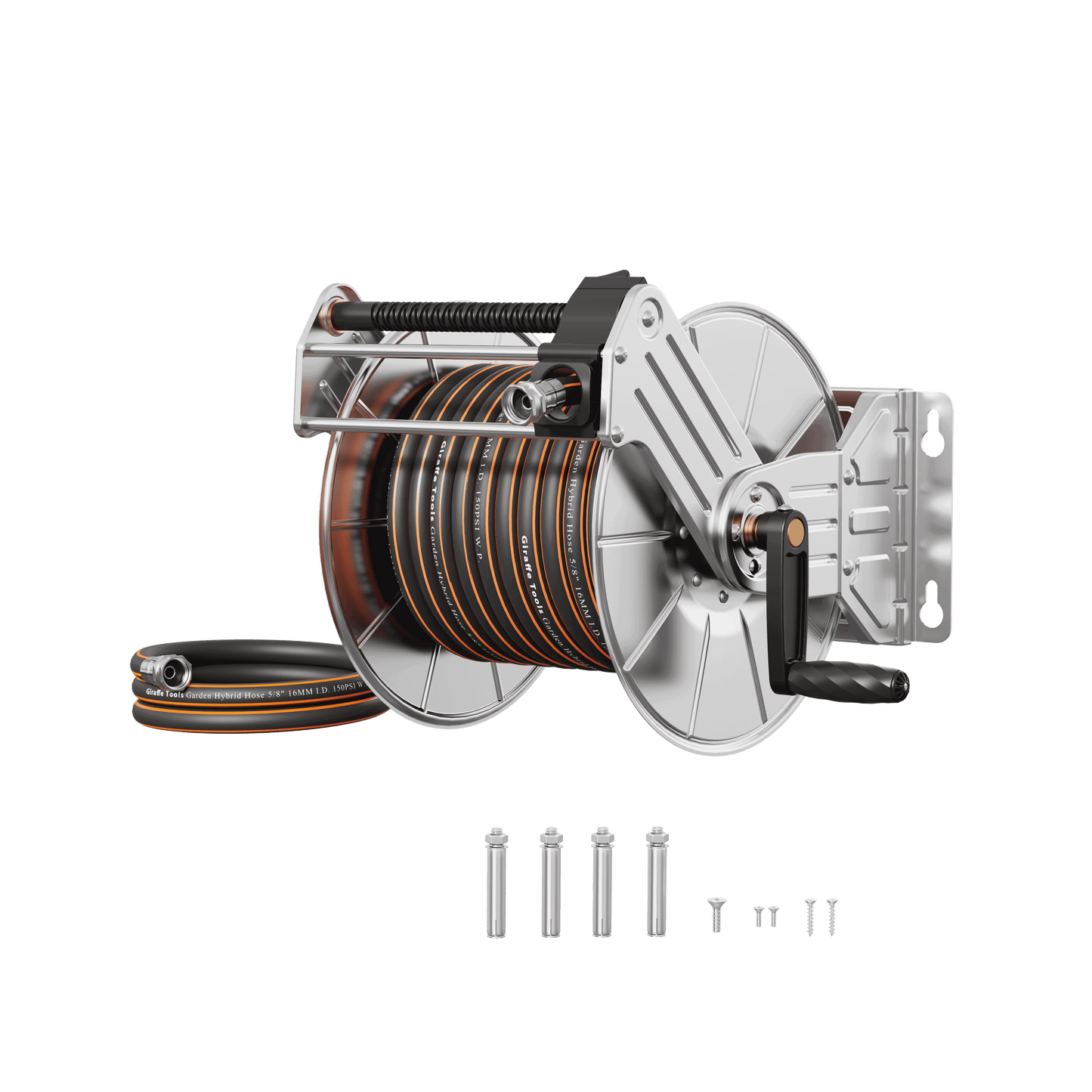 Wall-mounted stainless steel manual crank garden hose reel by Giraffe Tools US, heavy-duty and designed for easy hose storage.