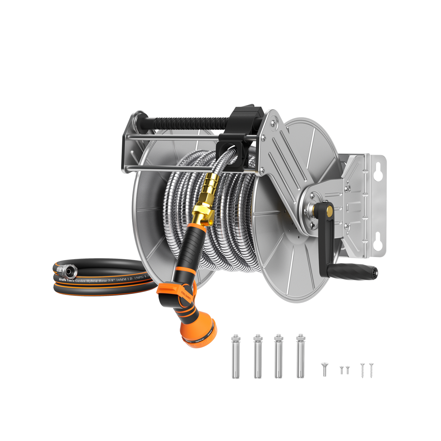 Stainless steel wall-mounted Giraffe Tools US manual crank garden hose reel, heavy-duty and without hose, for outdoor use.