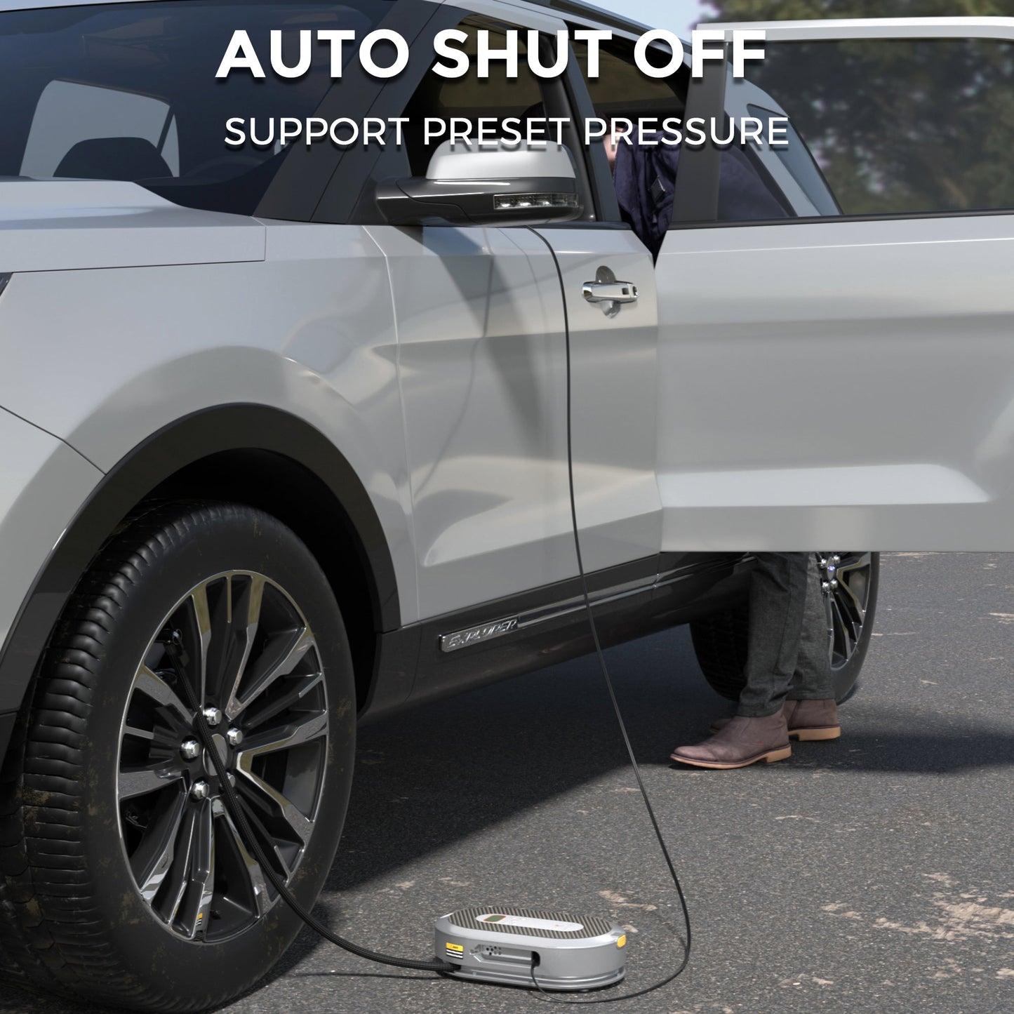 Giraffe Tools US retractable car tire inflator with compact air compressor and flexible hose for easy inflation.