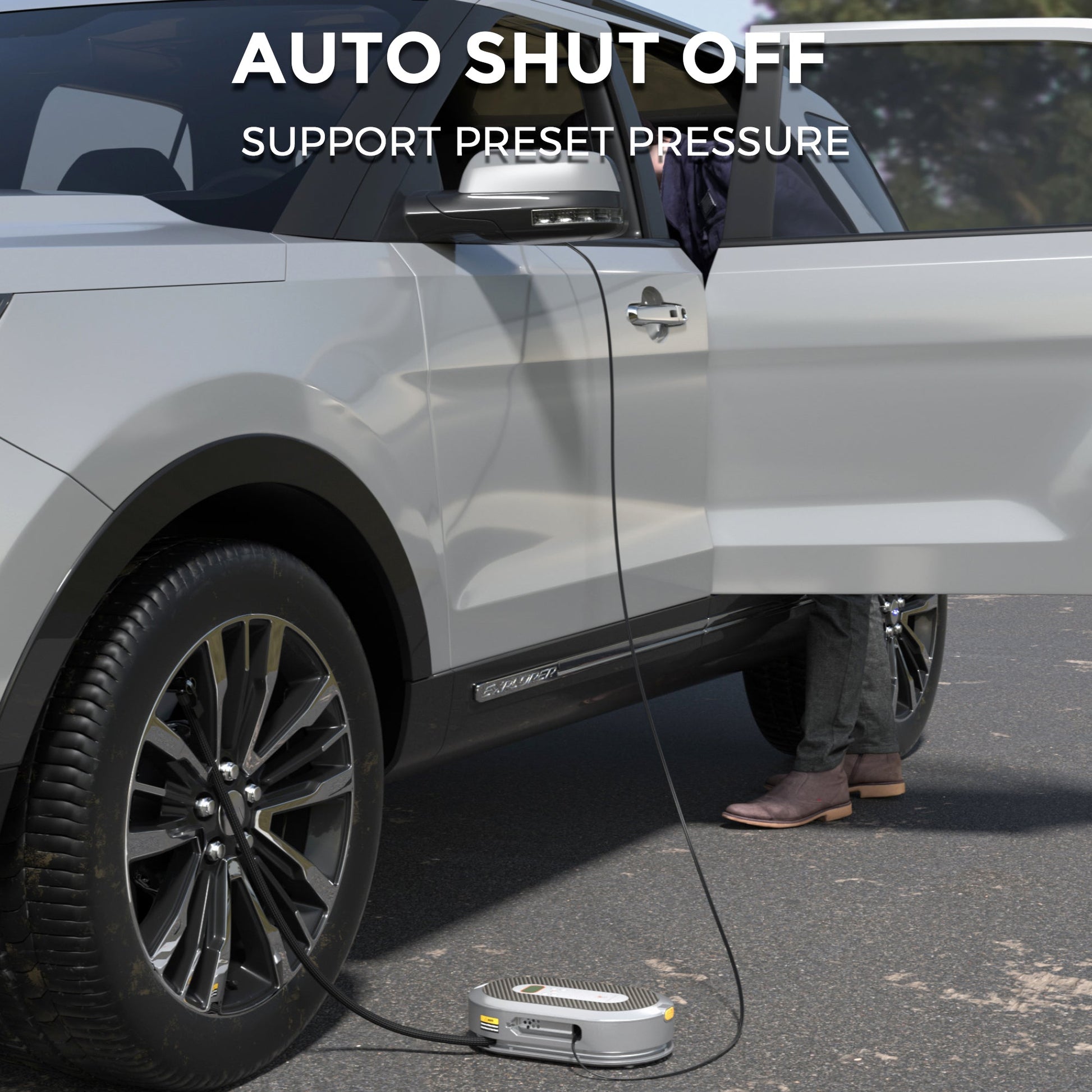 Giraffe Tools US retractable car tire inflator with compact air compressor and flexible hose for easy inflation.