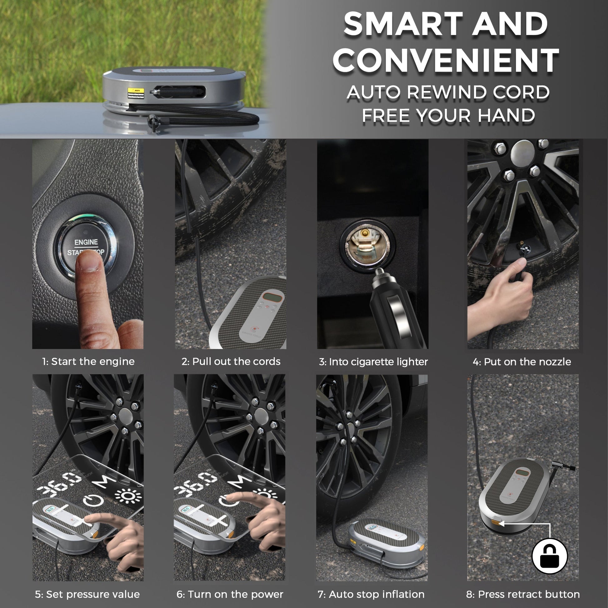 Giraffe Tools US retractable car tire inflator with compact design and flexible hose for easy inflation of vehicle tires.