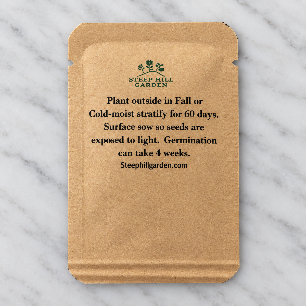 Goldenrod (Solidago altissima) seed envelope back showing seeds and planting instructions for pollinator-friendly perennial growth.