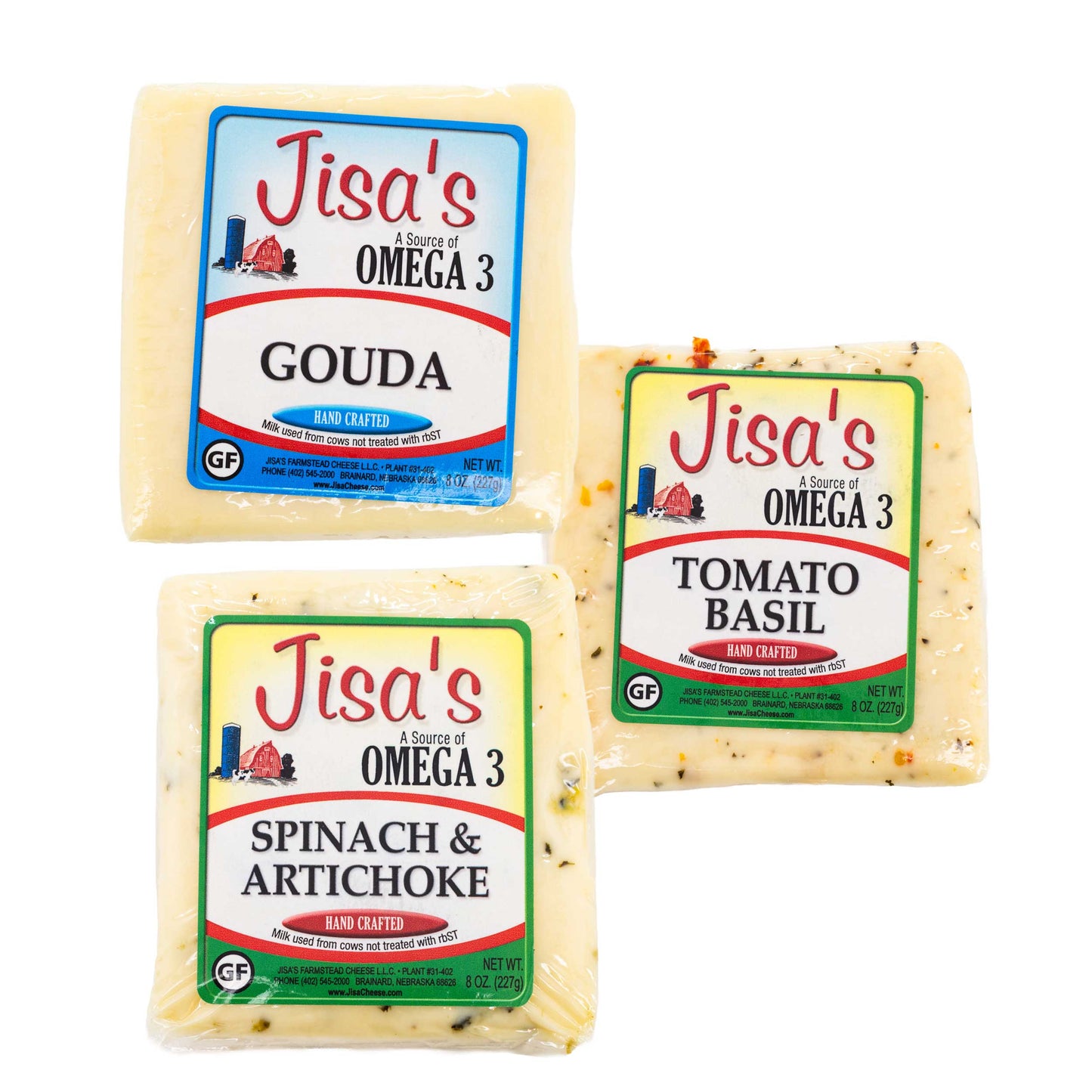 Cheese Block 3 Piece Sampler | Tomato Basil, Gouda, Spinach & Artichoke | Jisa's Farmstead Cheese - BuyNebraska.com ~ Blessings Grow Meadows