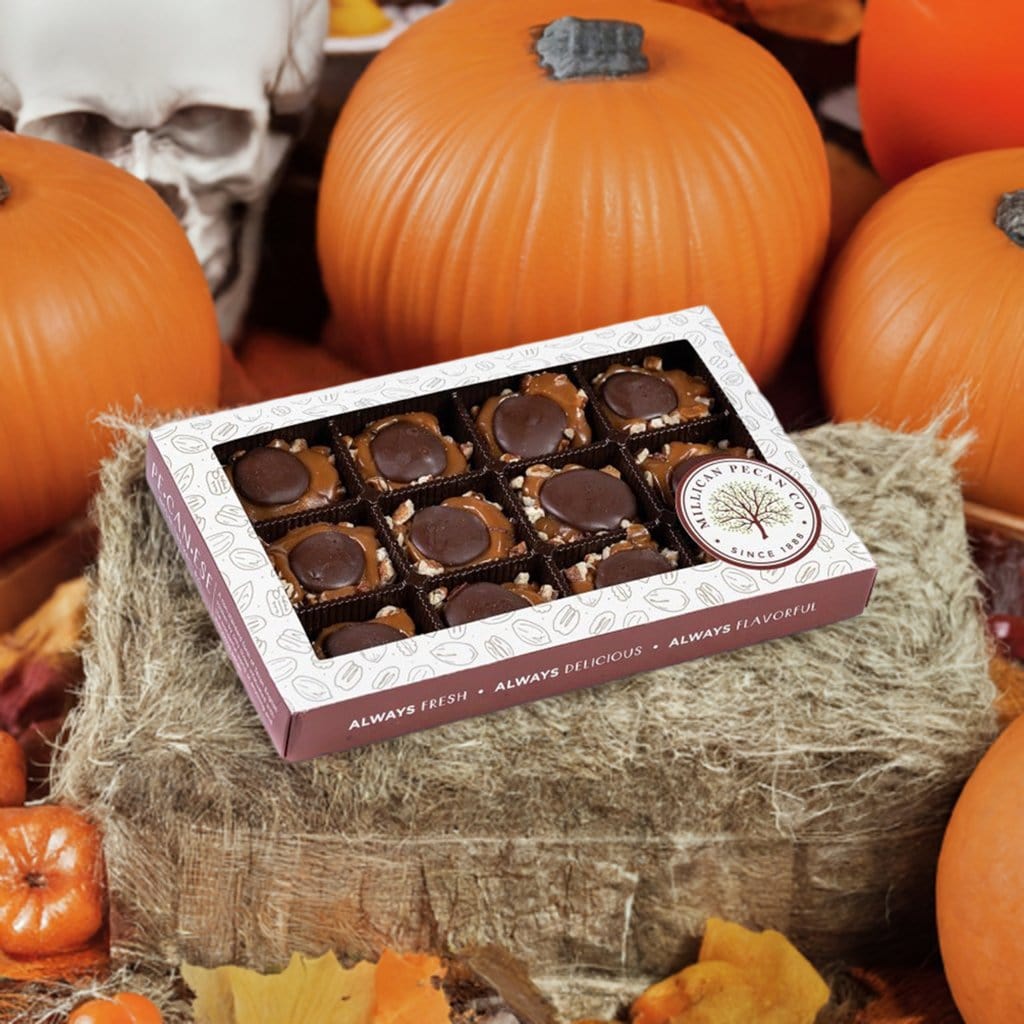 Dark chocolate Caramillicans pecan treats in a gift box by Millican Pecan, showcasing rich chocolate coating and crunchy pecans.