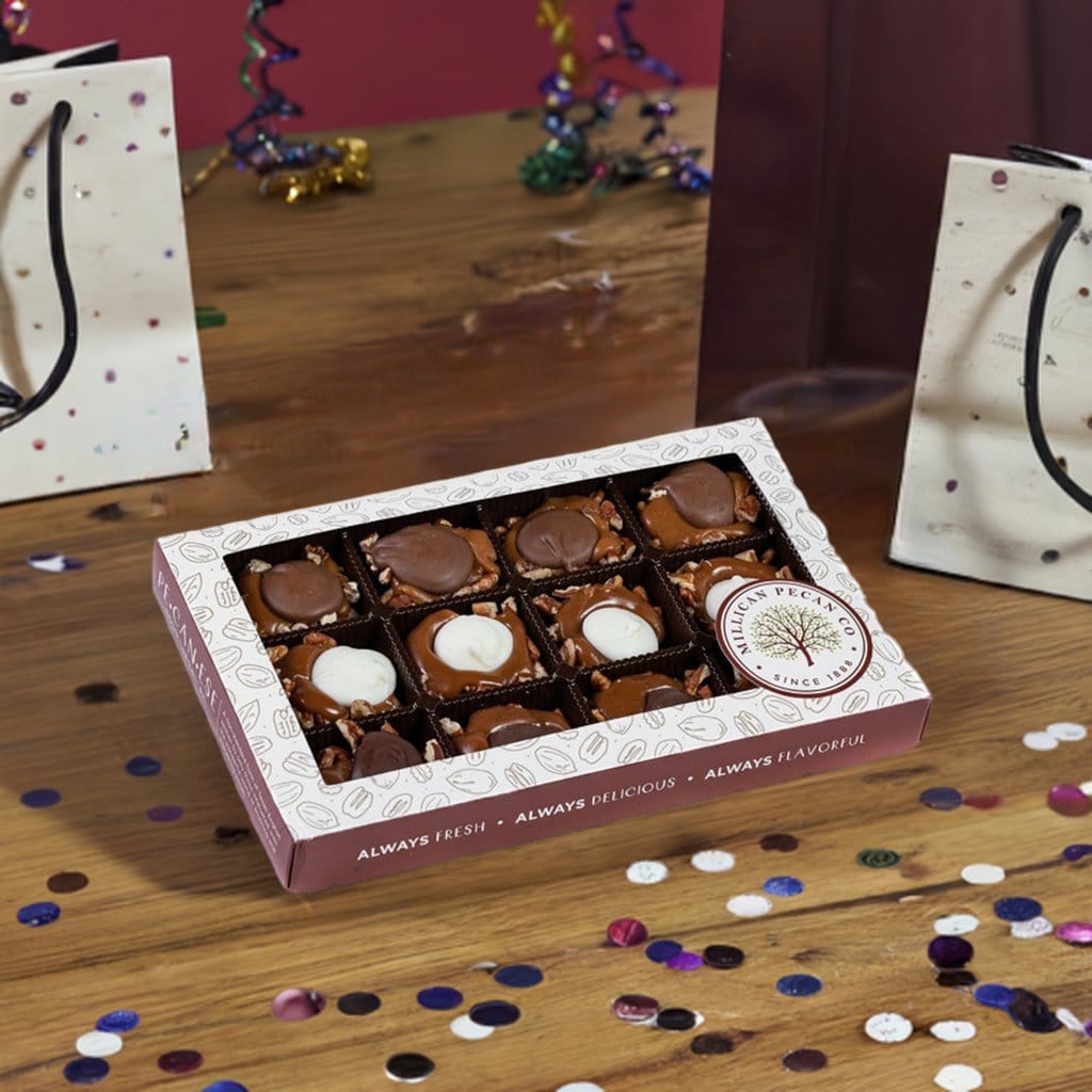 Millican Pecan 3-Chocolate Caramillicans gift box with pecan treats coated in chocolate, presented in an elegant box.