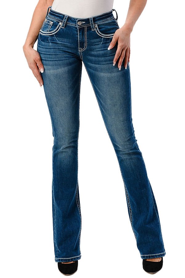 Grace in LA women's Western Americana wing-embellished mid-rise bootcut jeans, denim with detailed wing accents and classic fit.
