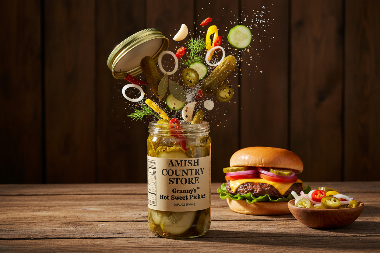 Canned Granny's Hot Sweet Pickles by Amish Country Store in a 24oz jar, showcasing bright, spicy-sweet pickle slices in a glass jar