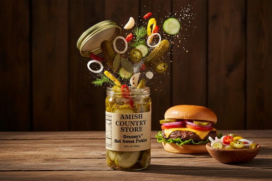 Canned Granny's Hot Sweet Pickles by Amish Country Store in a 24oz jar, showcasing bright, spicy-sweet pickle slices in a glass jar
