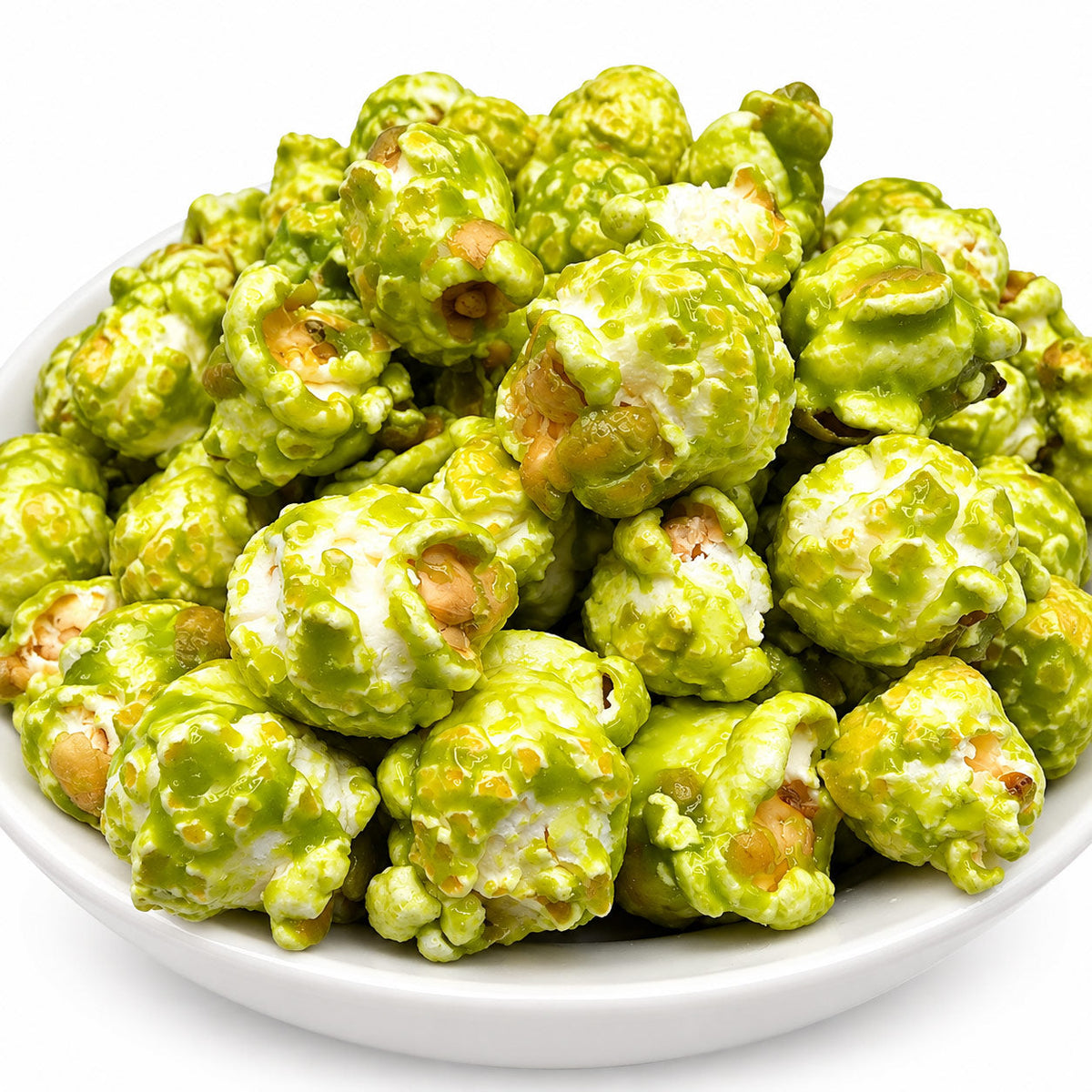 Green Apple flavored popcorn in a 7 oz bag from HR Poppin' Snacks, showcasing vibrant green popcorn pieces.