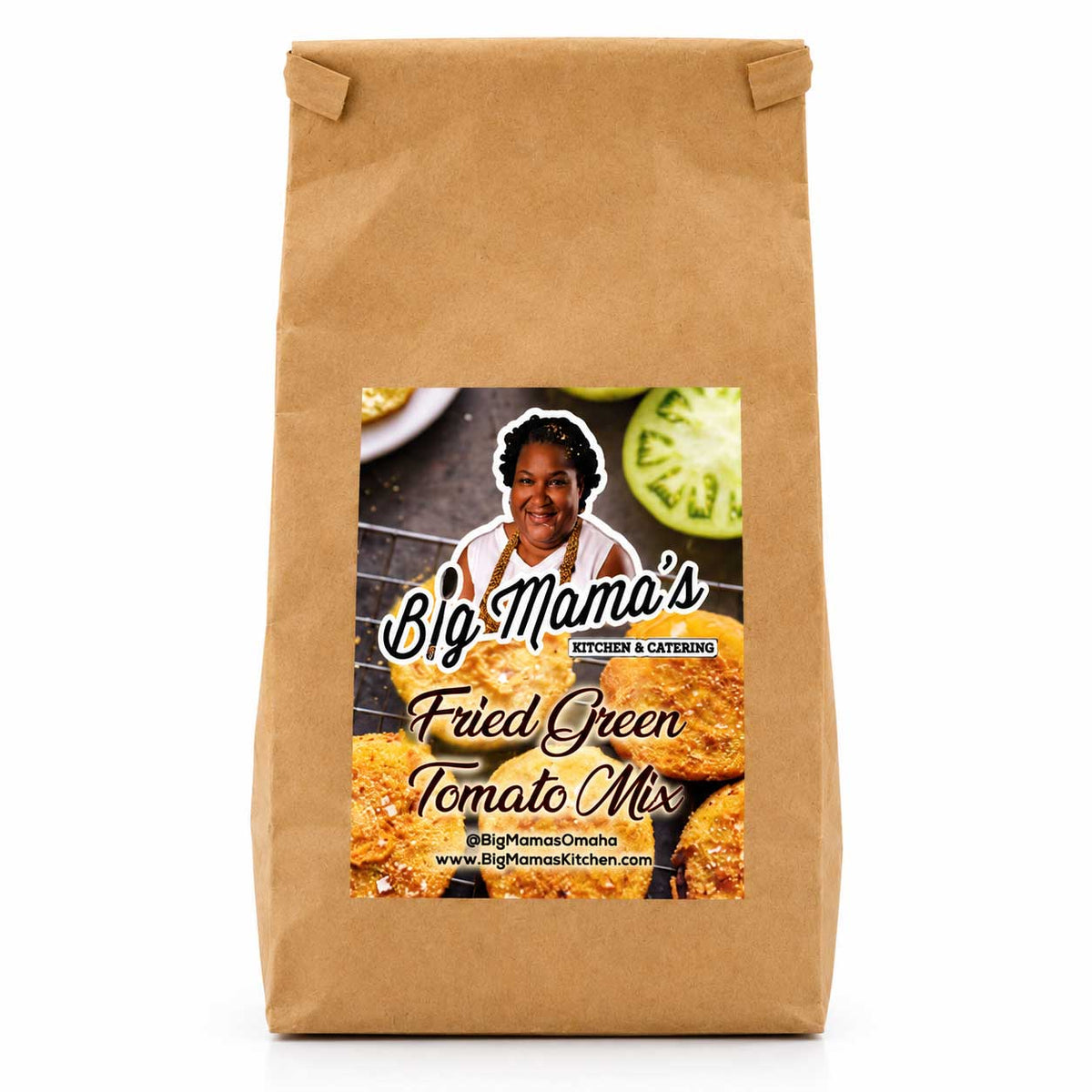 Fried green tomato mix in a 1.3 lb package by Big Mama's Kitchen & Catering, ideal for Southern-style cooking.