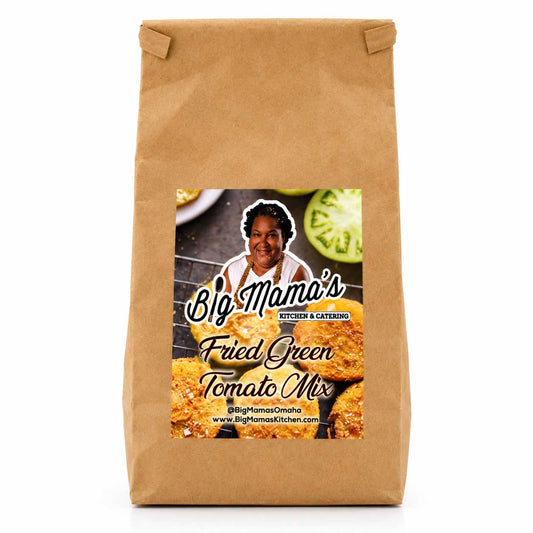 Fried green tomato mix in a 1.3 lb package by Big Mama's Kitchen & Catering, ideal for Southern-style cooking.