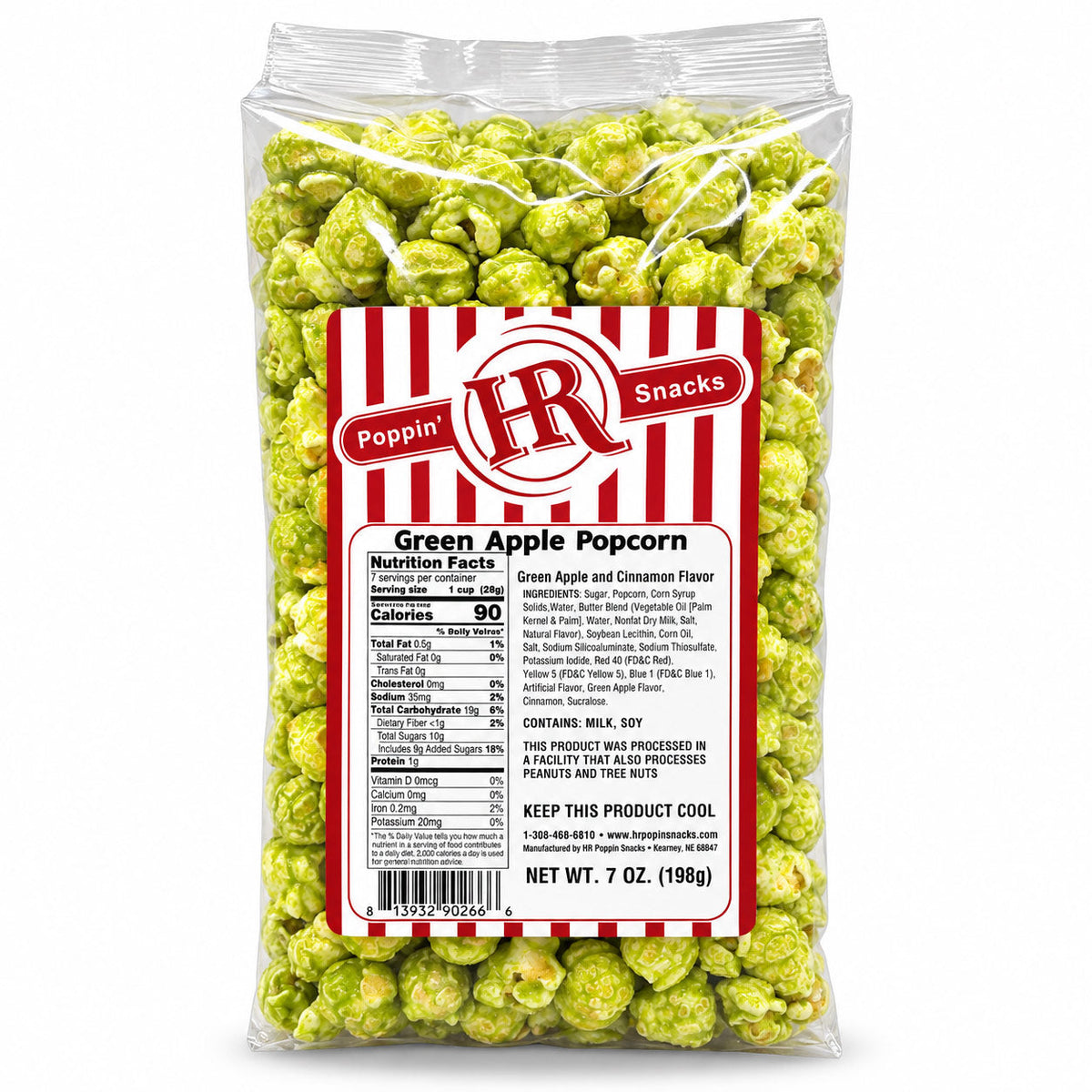 Green apple flavored popcorn by HR Poppin' Snacks in a 7 oz bag, featuring vibrant green popcorn with fresh apple flavor.