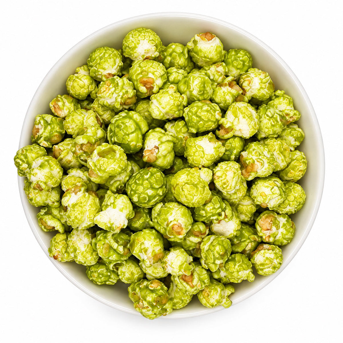 Green apple flavored popcorn in a 7 oz bag from HR Poppin' Snacks, with bright green popcorn pieces visible.