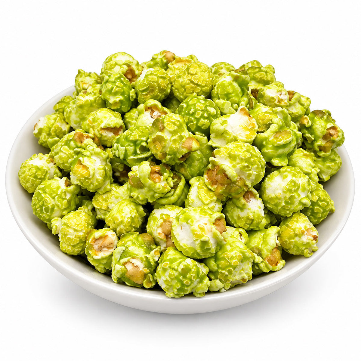 Green apple flavored popcorn by HR Poppin' Snacks in a 7 oz bag, featuring vibrant green apple pieces and crispy popcorn.