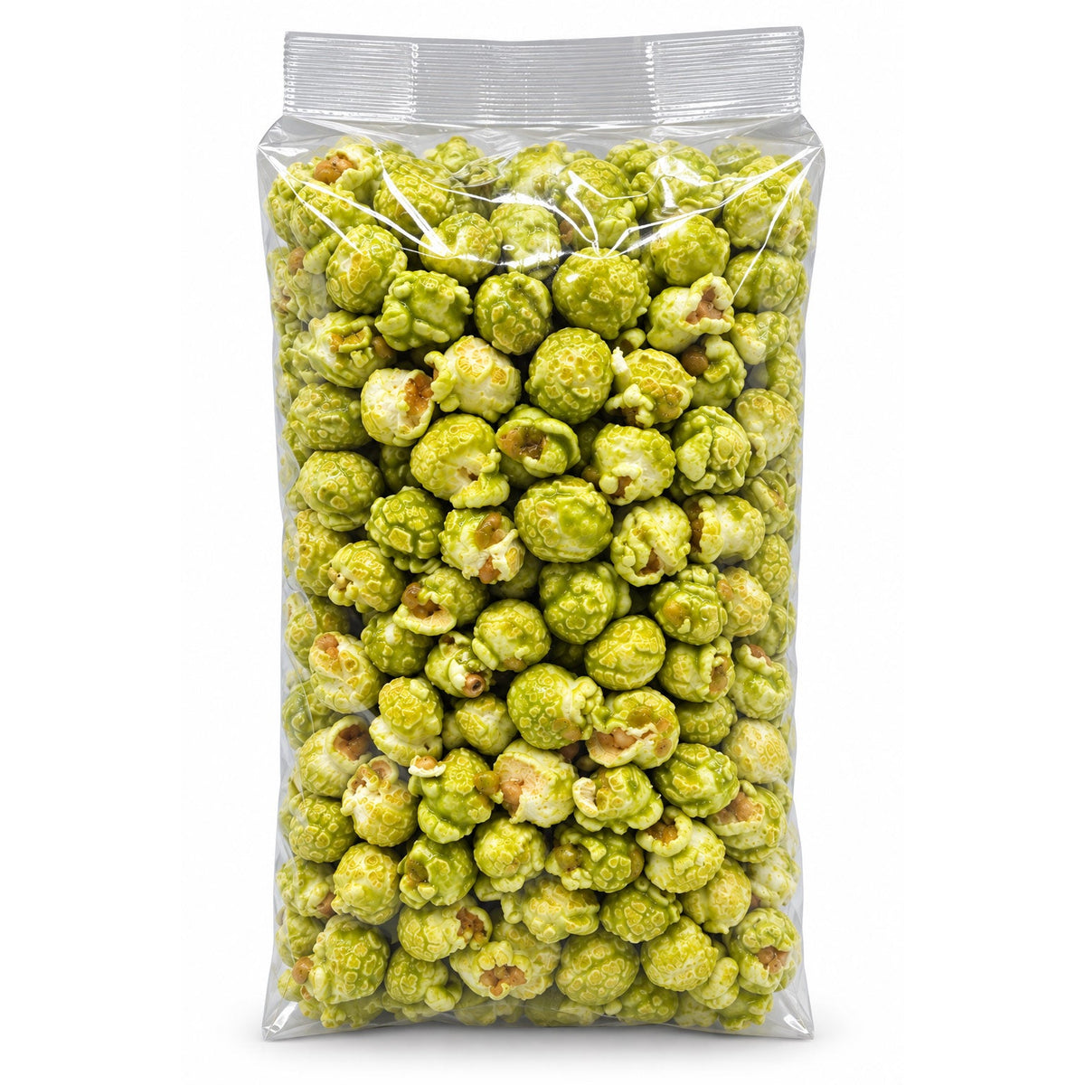 Back view of Green Apple flavored popcorn from HR Poppin' Snacks, 7 oz bag, showcasing bright green popcorn pieces.