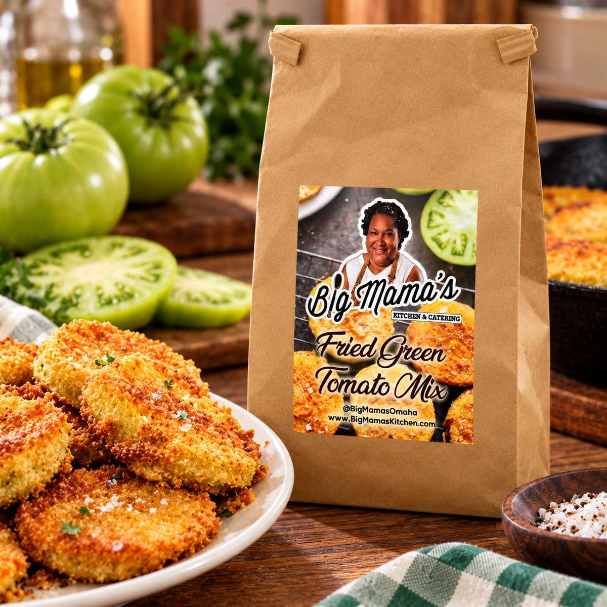 Fried green tomato mix in 1.3 lb bag by Big Mama's Kitchen & Catering, ideal for crispy Southern-style appetizers.
