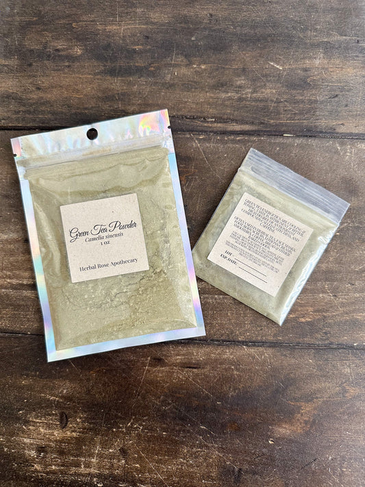 Herbalroseapothecary green tea powder labeled jar, dried herbal supplement for tea and health benefits.