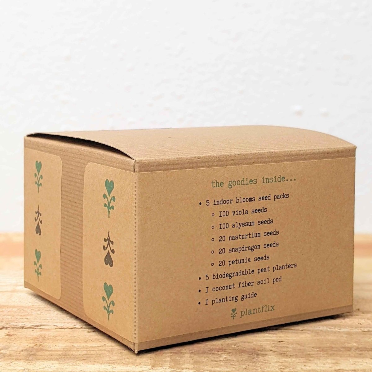 Indoor flower seed kit by Plantflix featuring colorful bloom seeds for creating a vibrant flower garden indoors.