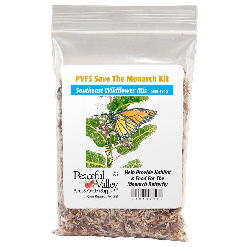Grow Organic Peaceful Valley Save the Monarch Kit flower seeds for Southeast region, 1/8 lb, supporting pollinators and butterfly habitats.