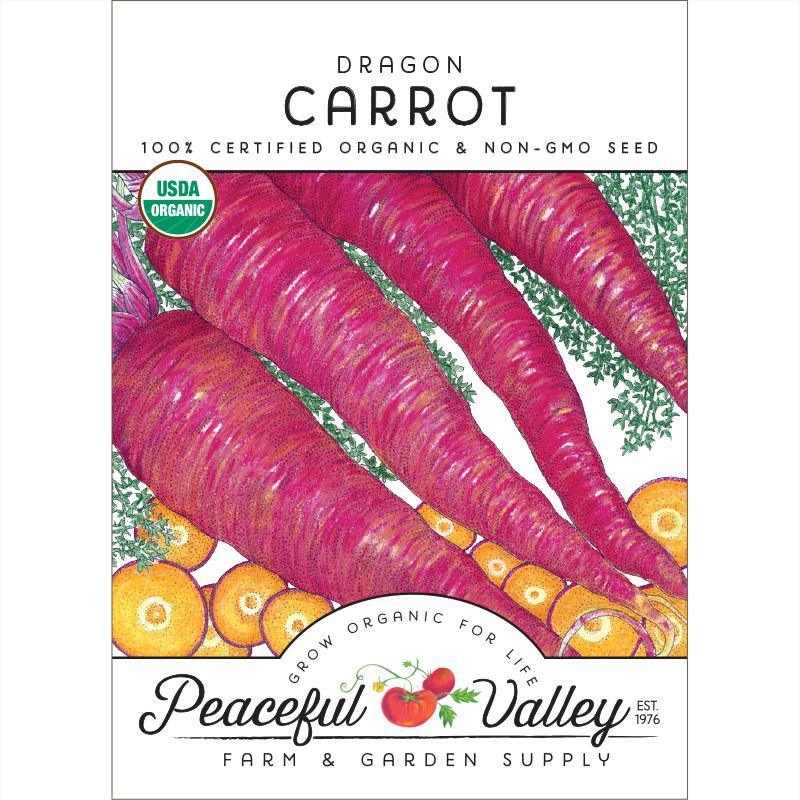 Organic Dragon Carrot Seeds by Grow Organic, vegetable seed packet with vibrant carrot illustrations and seed details.