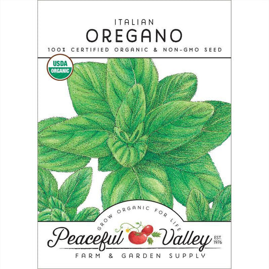 Organic Italian oregano vegetable seeds from Grow Organic in a seed packet, ready for planting in herb gardens.