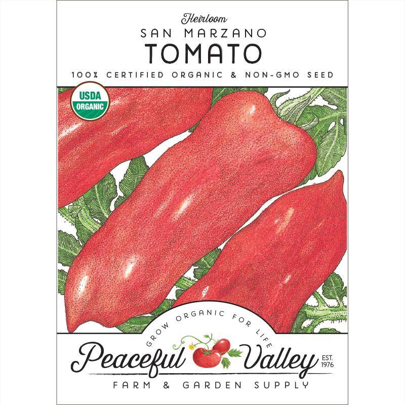 Organic San Marzano tomato seeds from Grow Organic in a seed packet, ideal for growing flavorful vegetable plants.