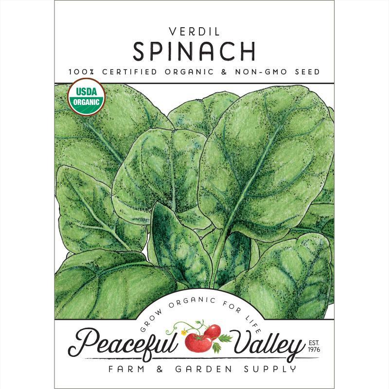 Organic Verdil Spinach Seeds from Grow Organic, vegetable seeds pack showing fresh green spinach seed packets.