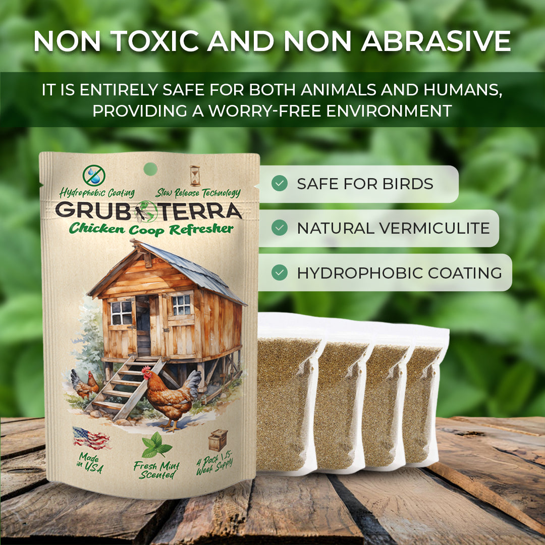 GrubTerra Chicken Bedding Coop Refresher with mint scent, natural bedding material for poultry coops, freshens and maintains cleanliness.