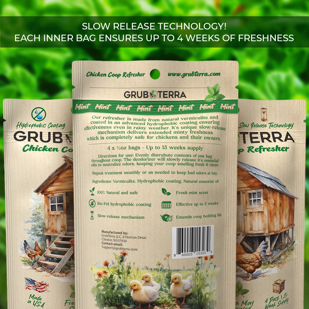 GrubTerra Coop Refresher chicken bedding in mint, natural bedding for poultry coops with fresh scent, by GrubTerra.