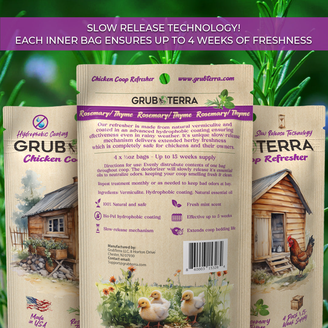 GrubTerra Coop Refresher chicken bedding with mint scent, natural bedding option for poultry coops.