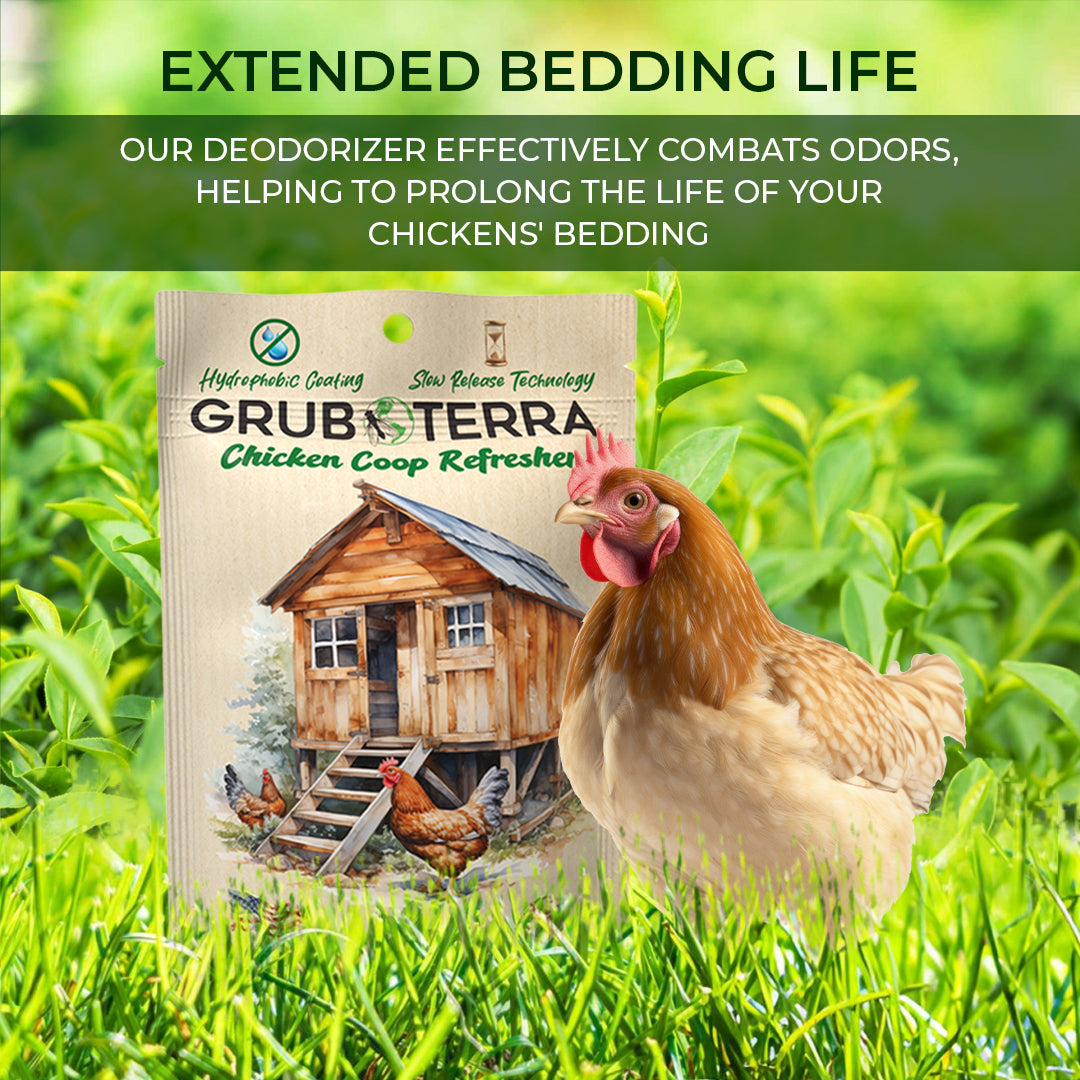 GrubTerra Coop Refresher chicken bedding with mint scent, natural bedding material for poultry coops, by GrubTerra.