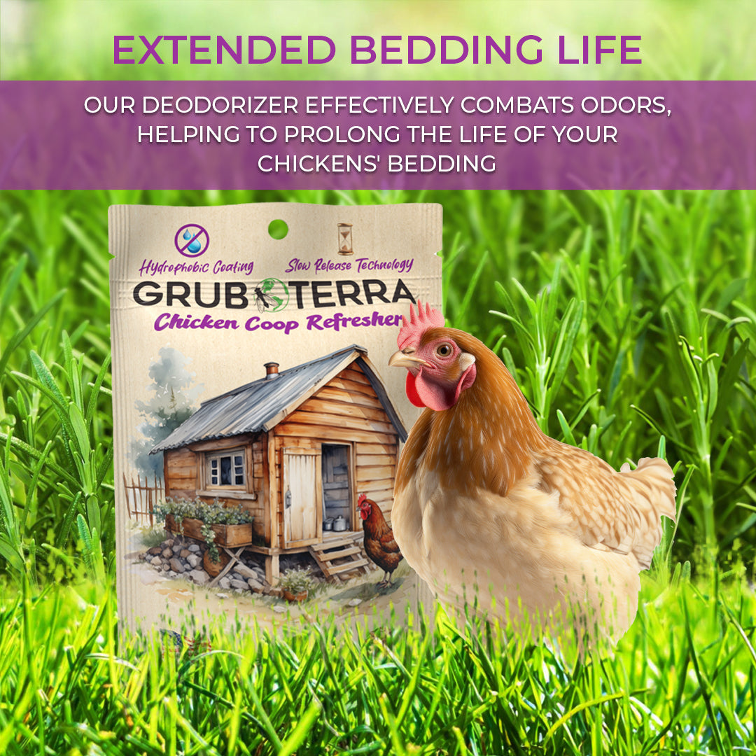 GrubTerra Coop Refresher chicken bedding with mint scent, natural bedding for poultry coops, by GrubTerra