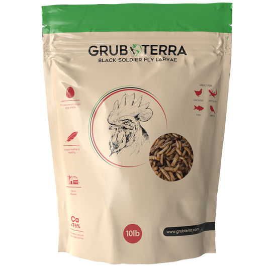 GrubTerra Dried Black Soldier Fly Larvae 10lb by GrubTerra comes in a beige bag with a chicken sketch, clear window to view larvae, and icons for poultry, reptiles, fish, and wild birds.