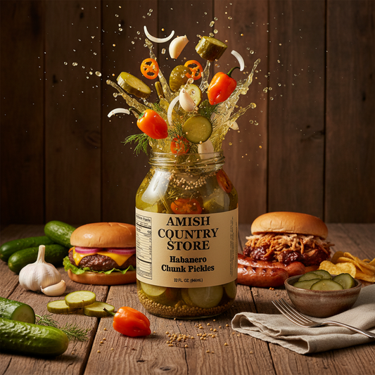 Spicy Habanero Chunk Pickles in a 32 oz jar from Amish Country Store, showing bright orange peppers and chunky pickle pieces.