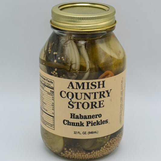 Canned habanero chunk pickles in a 32 oz jar from Amish Country Store, showing spicy orange chunks inside the jar.