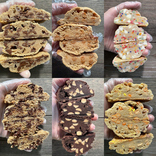 Assorted Halfsies Cookie Company LLC cookies in a 12-pack sampler, featuring a variety of half-size cookie treats.