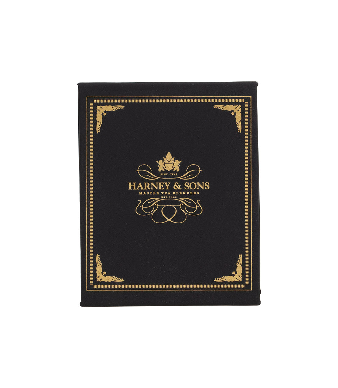 Harney & Sons Harney Heritage herbal and decaf tea sampler box with assorted tea bags in black packaging.