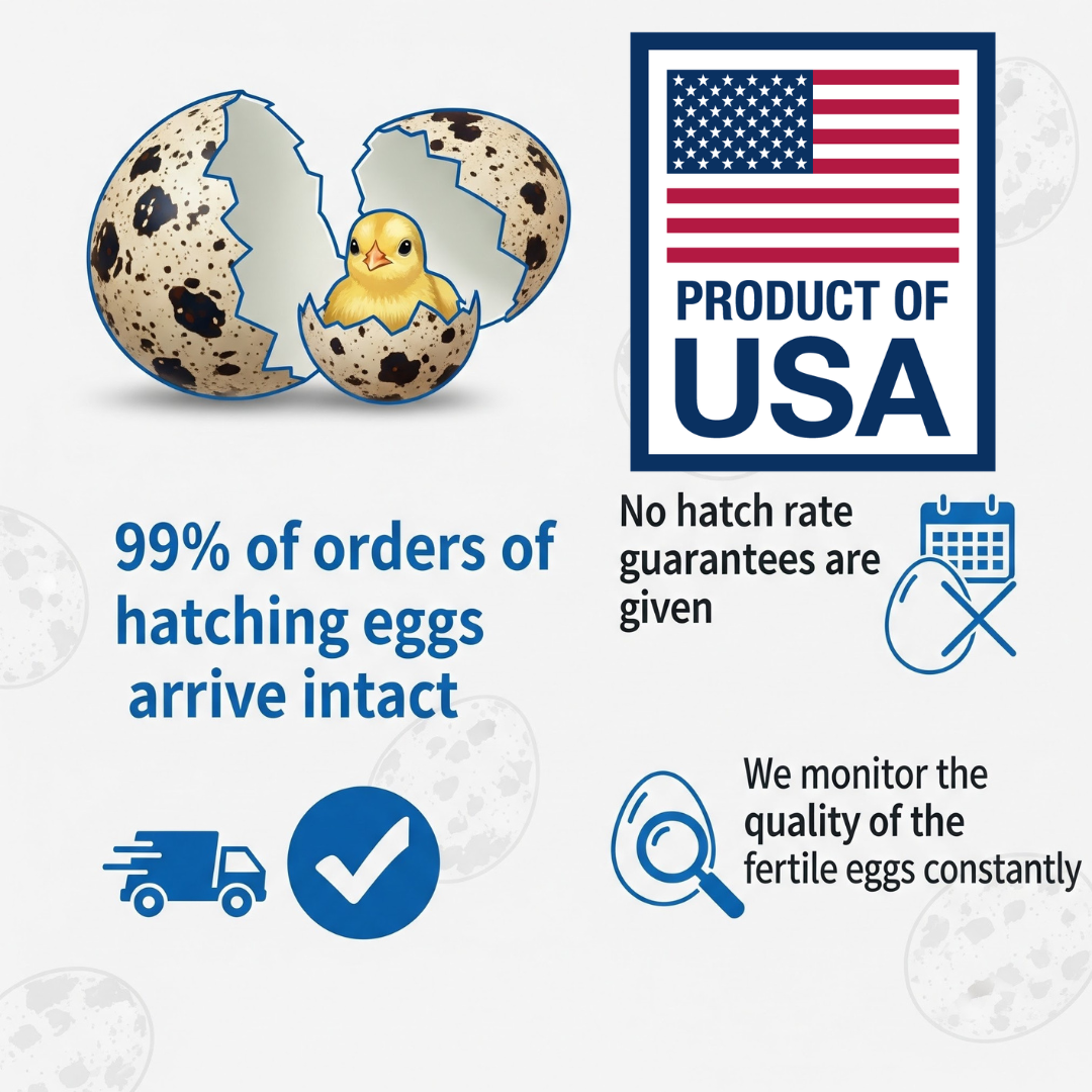 Close-up of jumbo white Coturnix quail hatching eggs from Quailz.com, freshly collected for high hatch rates, ideal for breeders and homesteaders.