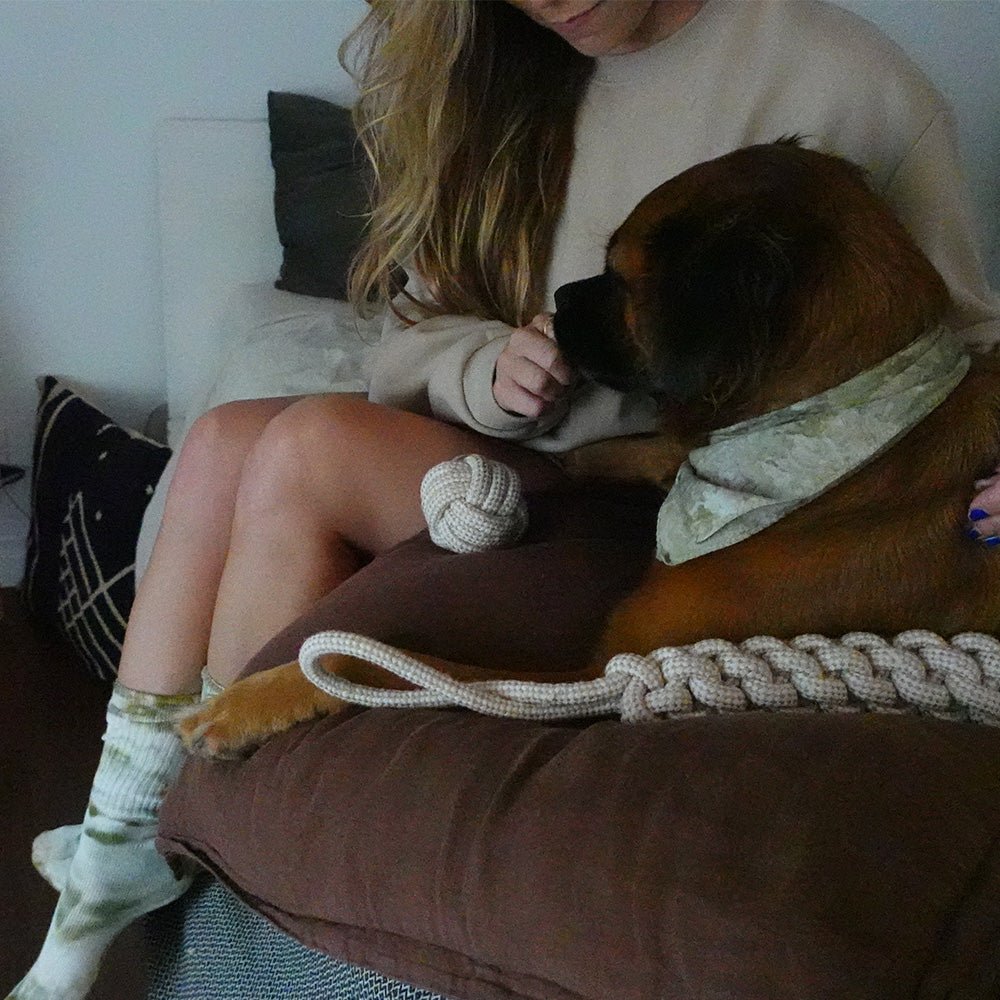 Durable hemp rope tug toy for dogs by Tilley + Me, featuring natural, sustainable, non-toxic material for active play.