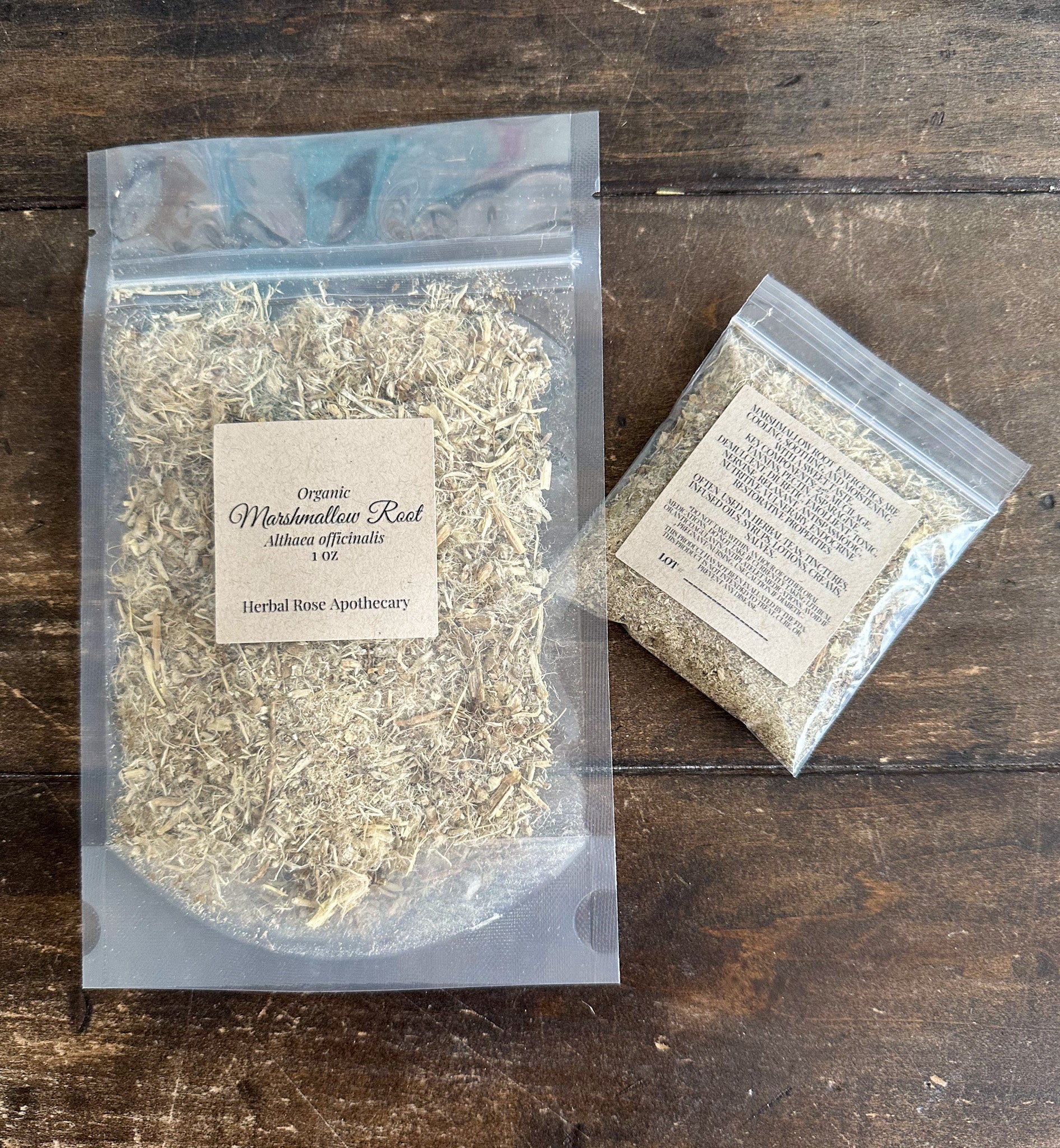 Organic marshmallow root in an 8g package from herbalroseapothecary, showing dried, fibrous plant material suitable for herbal remedies.