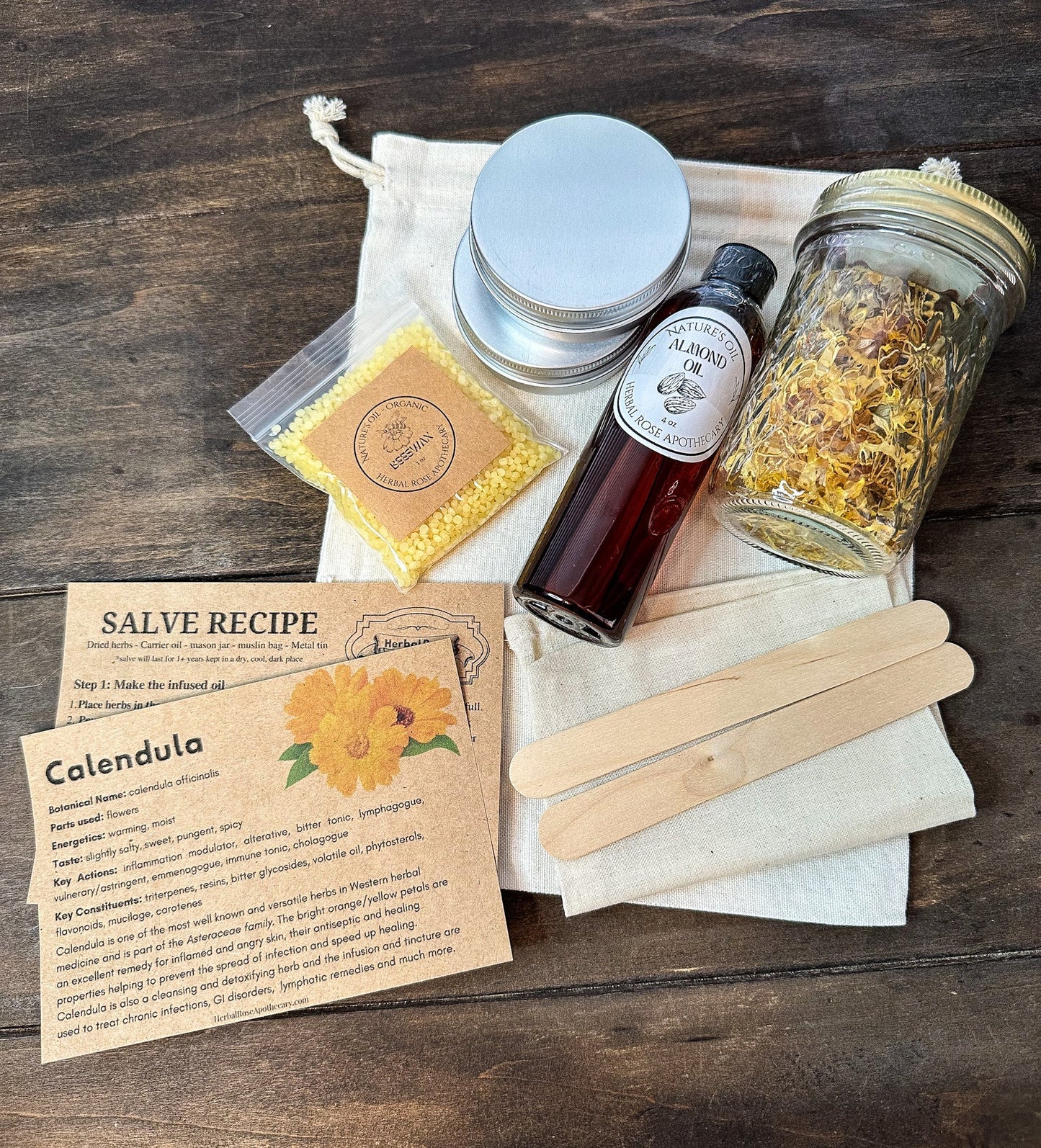 HerbalRoseApothecary DIY Salve Kit with arnica flowers for making natural herbal salves in an apothecary kit.