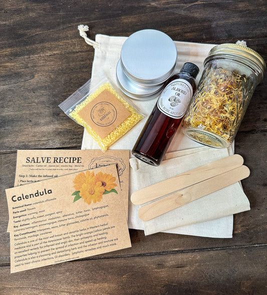 HerbalRoseApothecary DIY Salve Kit with arnica flowers for making natural herbal salves in an apothecary kit.